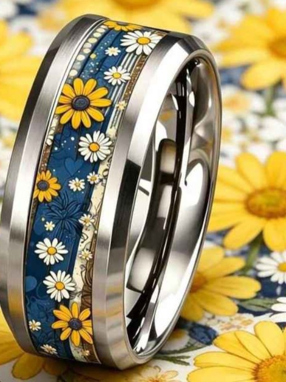 Floral Daisy Blue Inlay Women's Ring - Stainless Size 8